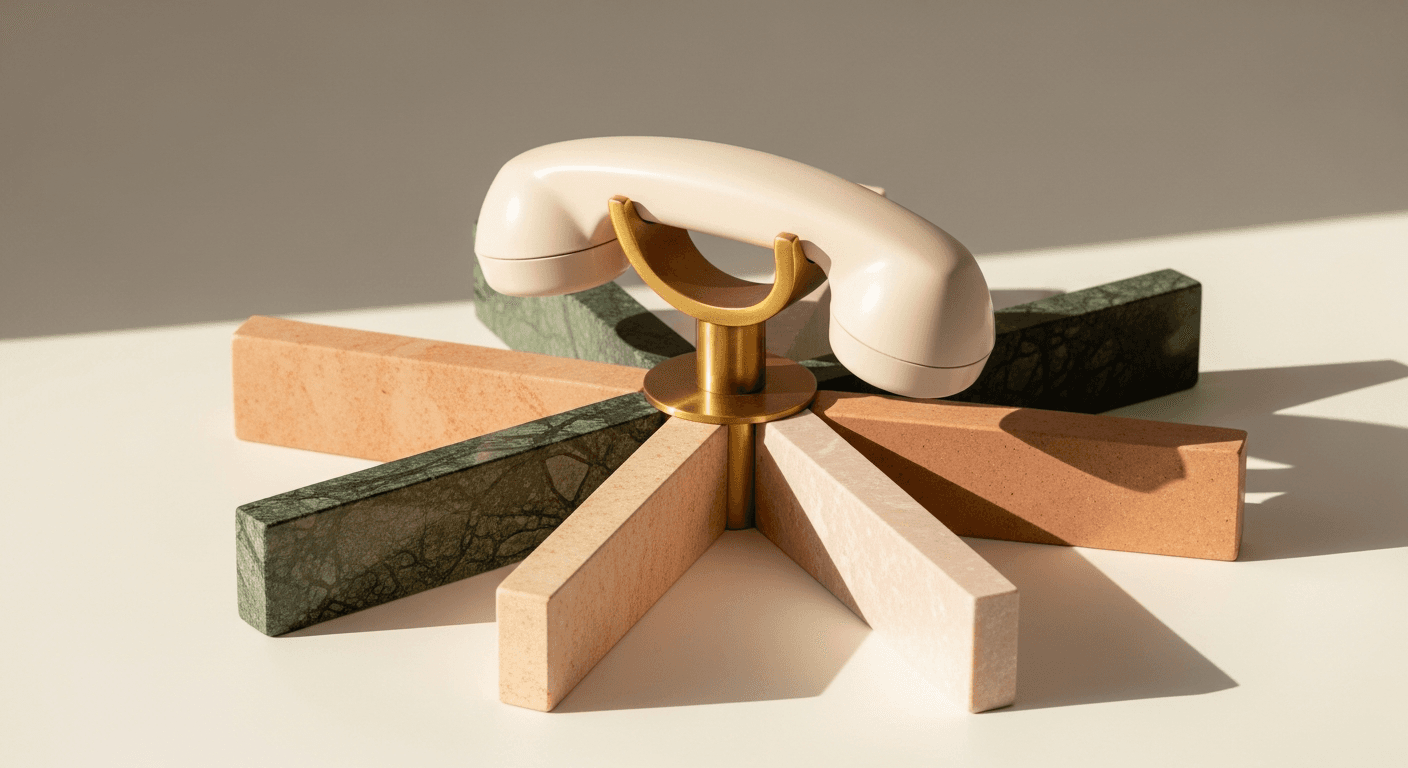 A cream telephone handset on a brass stand above fanned green and pink marble blocks
