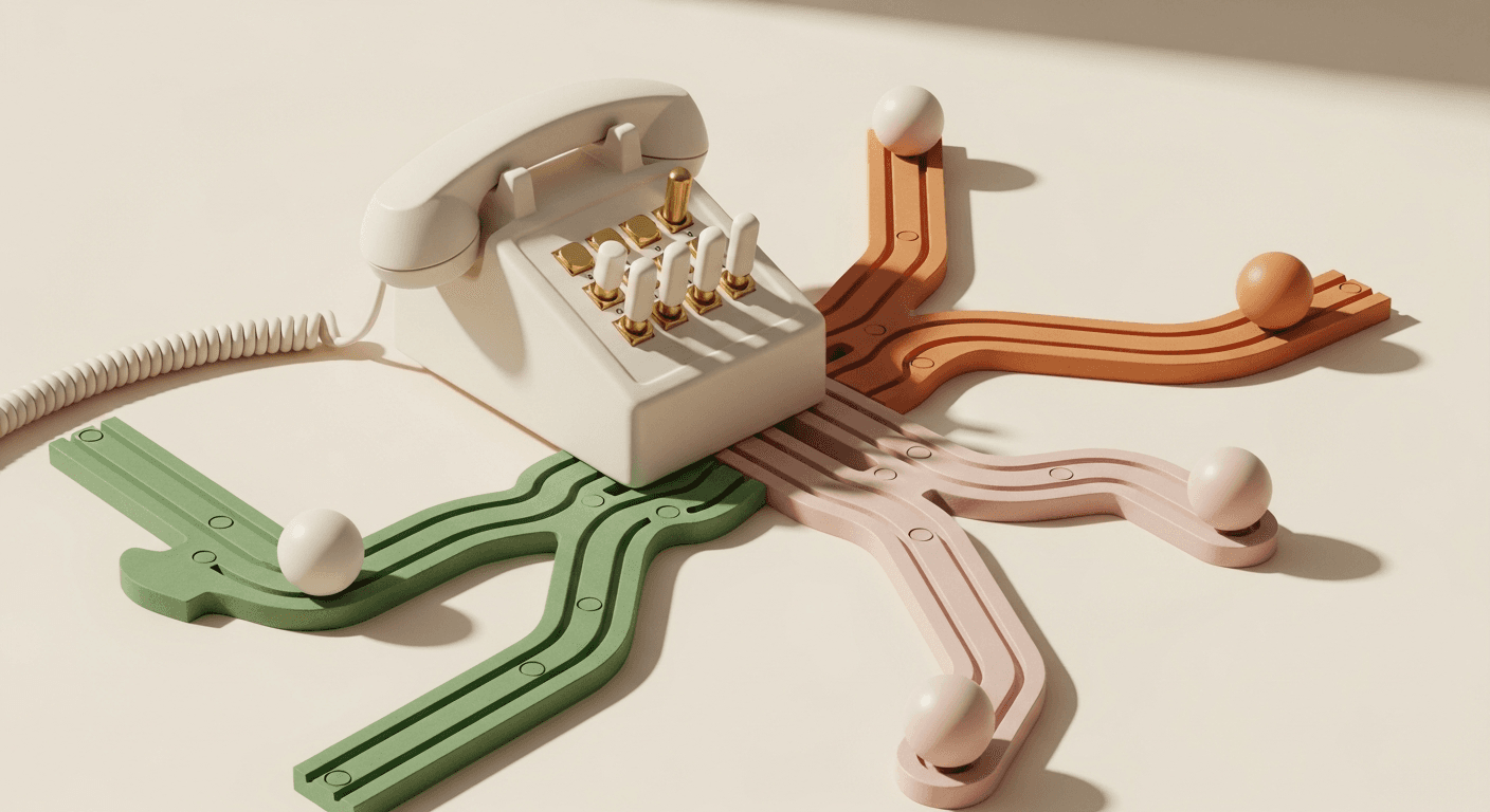 A beige telephone with toggle switches sits among colorful curved tracks holding smooth spheres