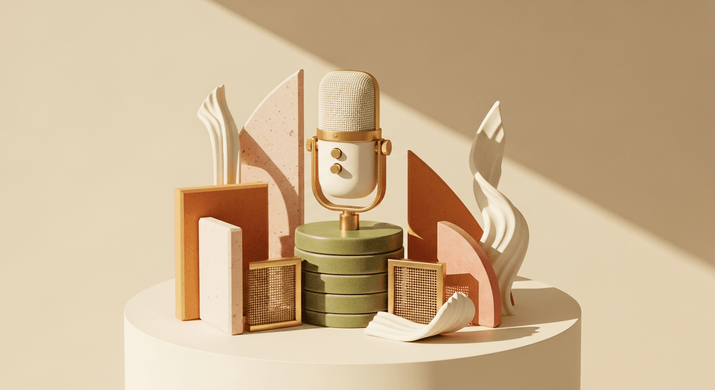 A white and gold microphone surrounded by green, orange, and white geometric shapes in warm light