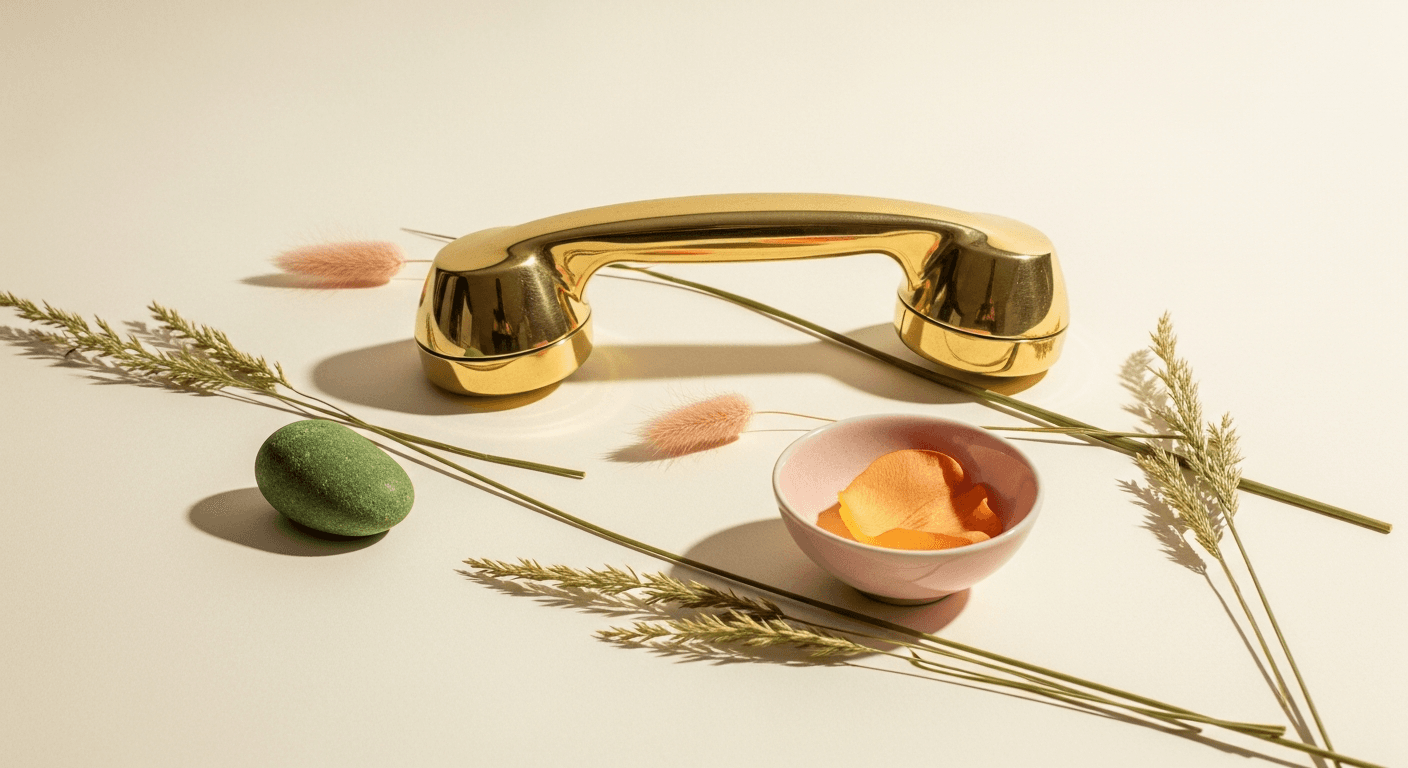 A shiny gold telephone handset surrounded by a green stone, dried grass, and a pink bowl with orange petals