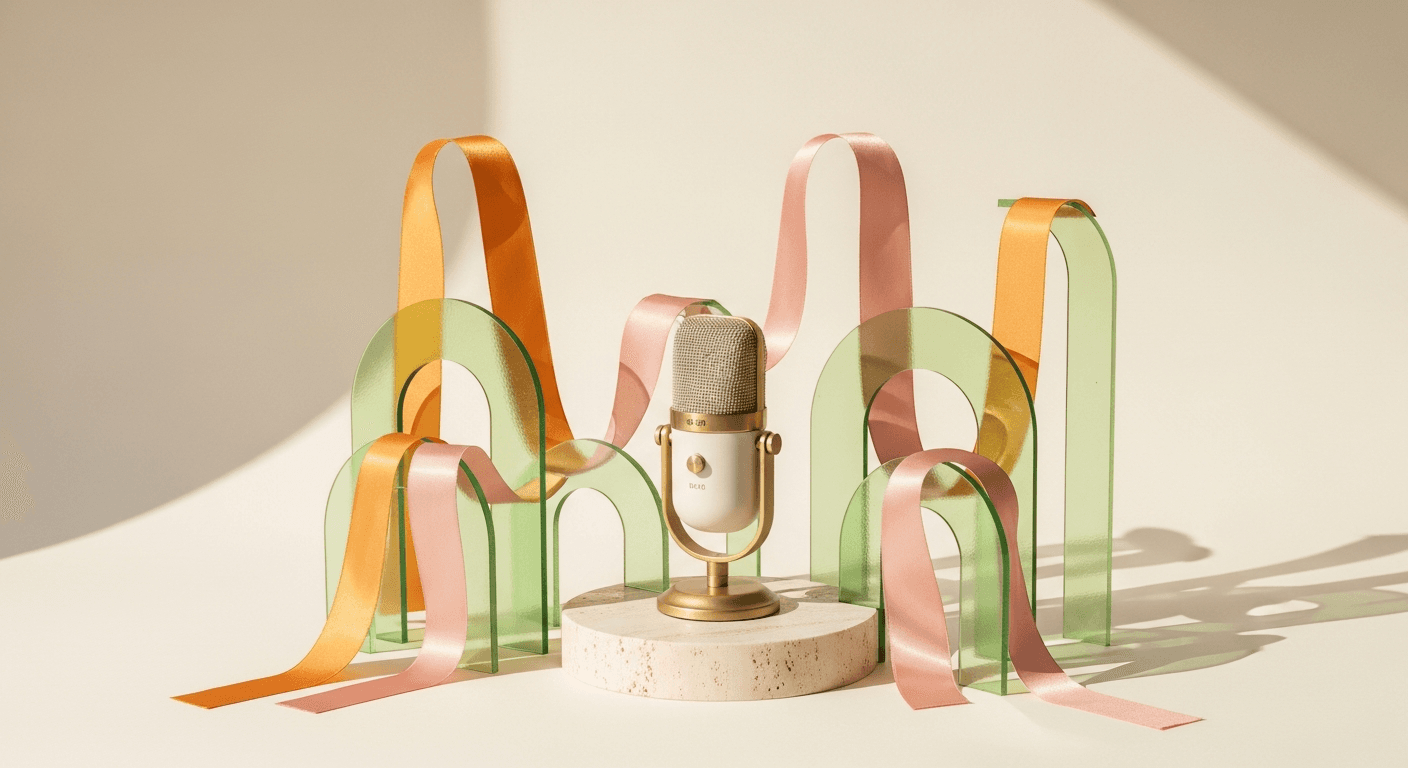 A cream and gold microphone sits on a stone pedestal surrounded by green arches and satin ribbons