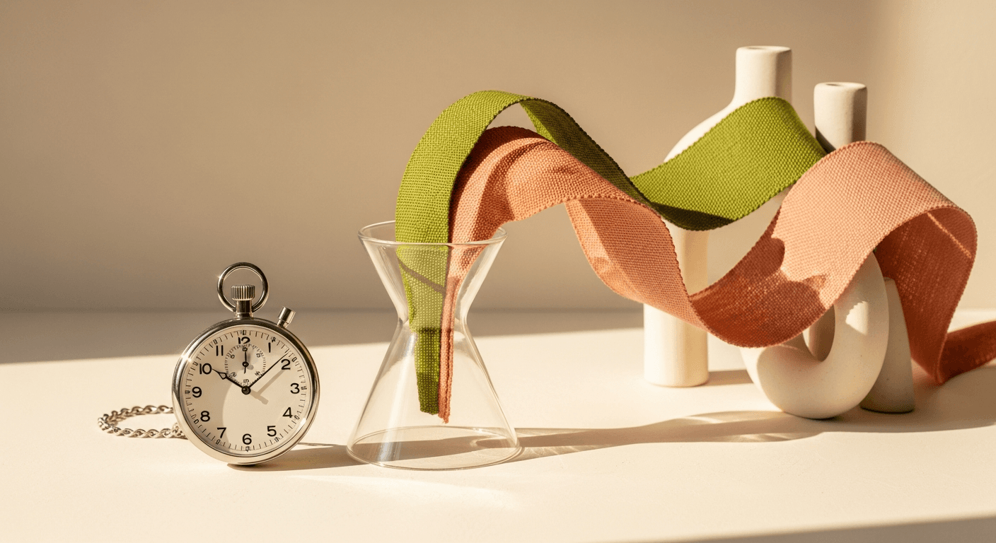 A silver stopwatch, glass vase, green and peach woven ribbons, and white ceramic vases in warm sunlight
