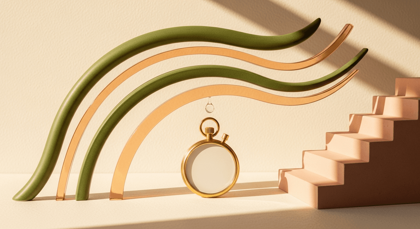 A blank gold stopwatch sits beneath green and amber wavy arches next to peach stairs in sunlight
