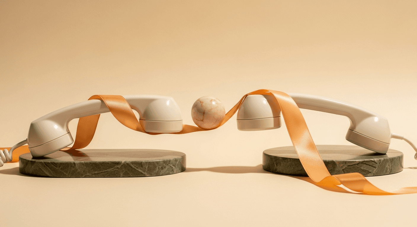 Two beige telephone handsets on green marble disks, connected by an orange ribbon carrying a pink sphere
