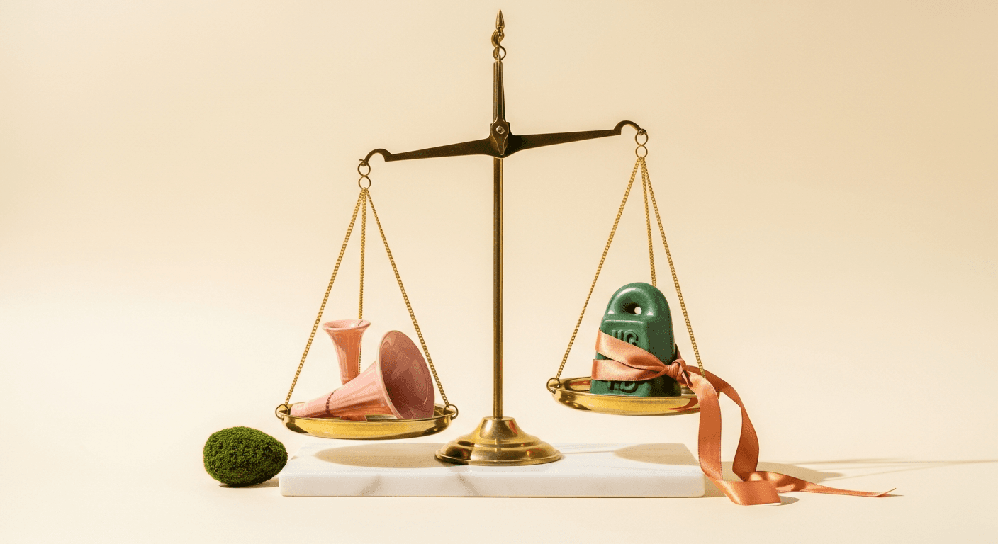 A brass scale on a marble slab holds pink ceramic trumpets and a green weight tied with a peach ribbon